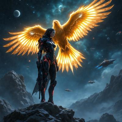 The primary subject of the image is a woman with a sword, standing on a rocky surface. She is wearing a futuristic outfit and has a bird-like appearance. The setting is a night sky with a backdrop of space, and the visual style is a digital art or illustration. The colors and mood of the image are dark and dramatic, with the woman standing out as the focal point.